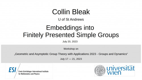 Preview of Collin Bleak - Embeddings into Finitely Presented Simple Groups