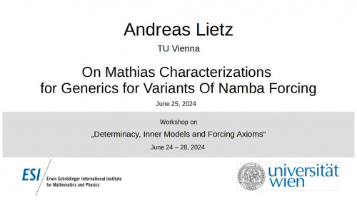 Preview of Andreas Lietz - On Mathias Characterizations for Generics for Variants Of Namba Forcing